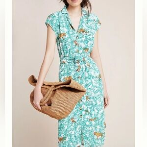 Anthropologie Green Tiger Print Dress